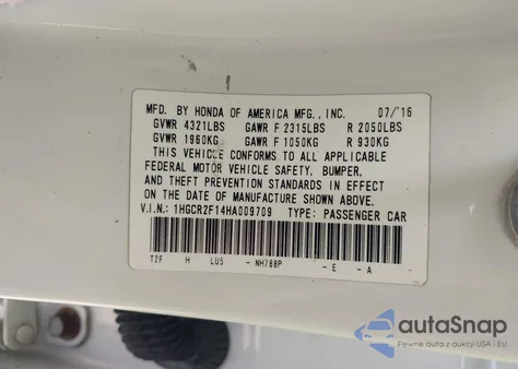 2017 Honda Accord Sport Se из США, поврежденный, VIN 1HGCR2F14HA009709